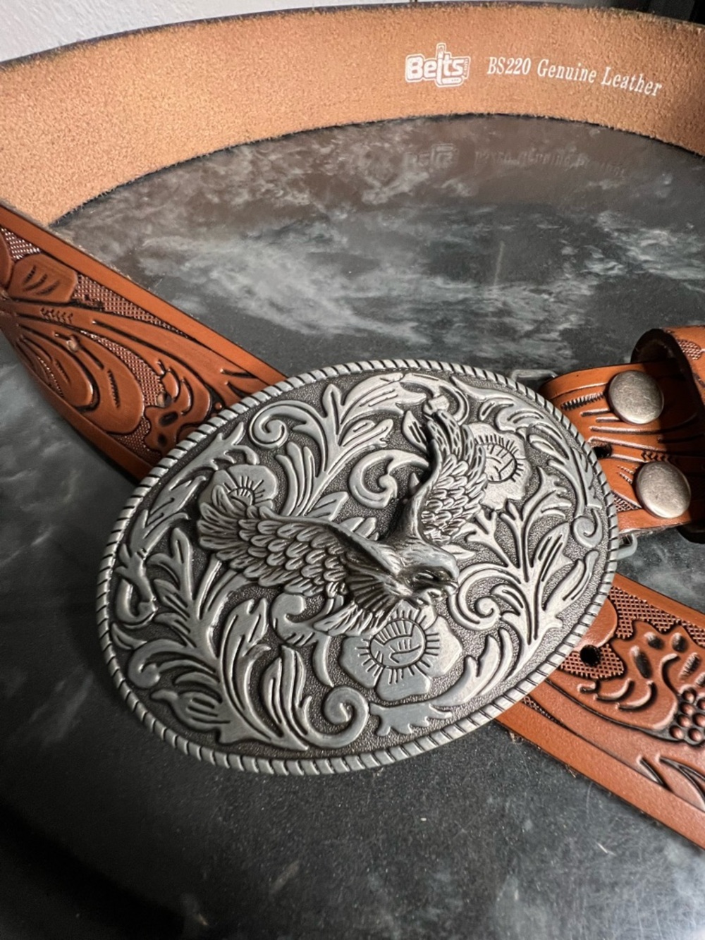 Western Floral Engraved Embossed Tooled Genuine Leather Belt